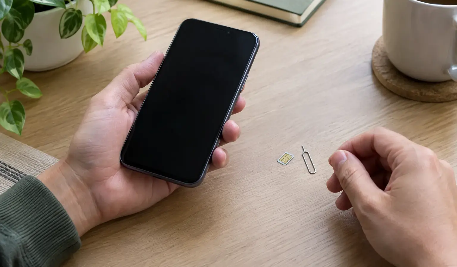 Un téléphone posé près d’une carte SIM et d’un outil d’éjection sur un bureau.