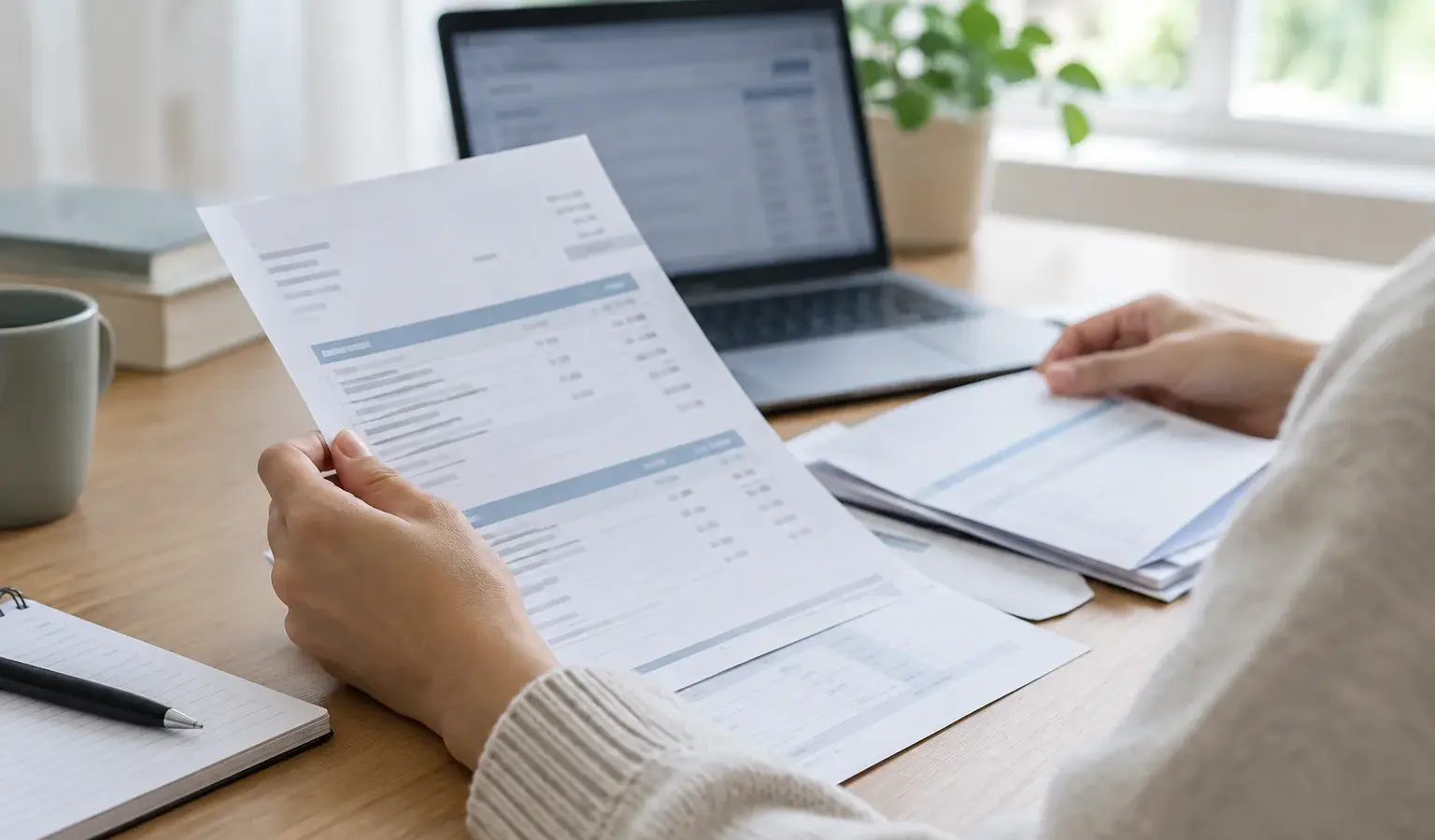 Des mains examinent des documents financiers sur un bureau, avec un ordinateur en arrière-plan.