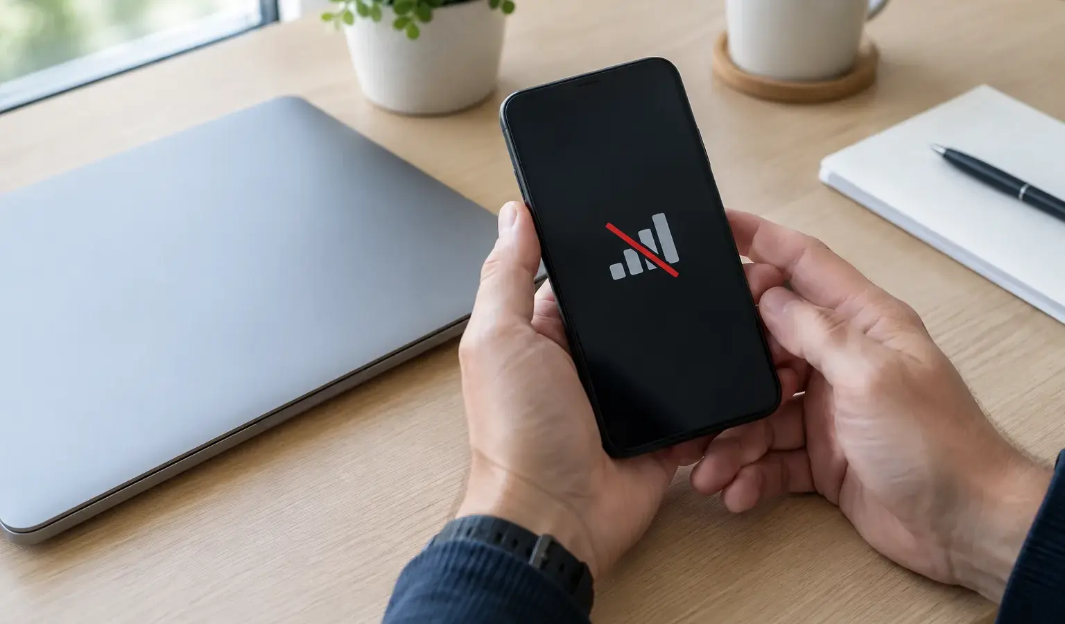 Un téléphone affiche l’absence de réseau mobile sur un bureau.