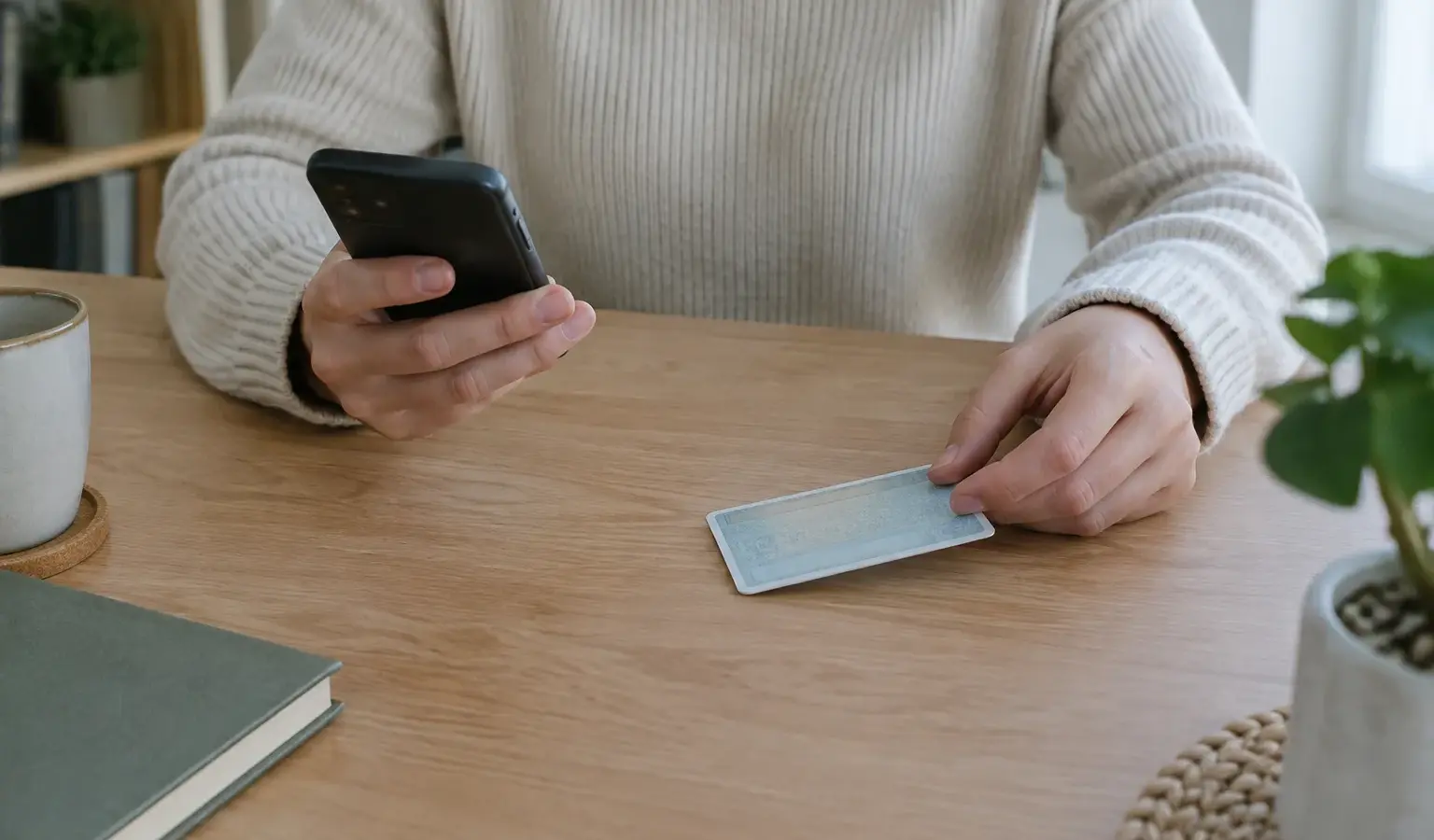 Une personne examine son téléphone près d’une copie de pièce d’identité posée face cachée sur un bureau.